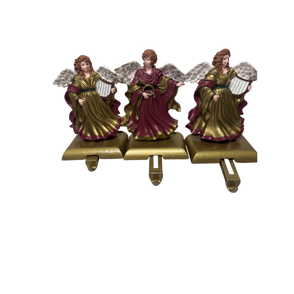Vintage Cast Iron Angel Stocking Holders - Maroon & Gold - Set of 3